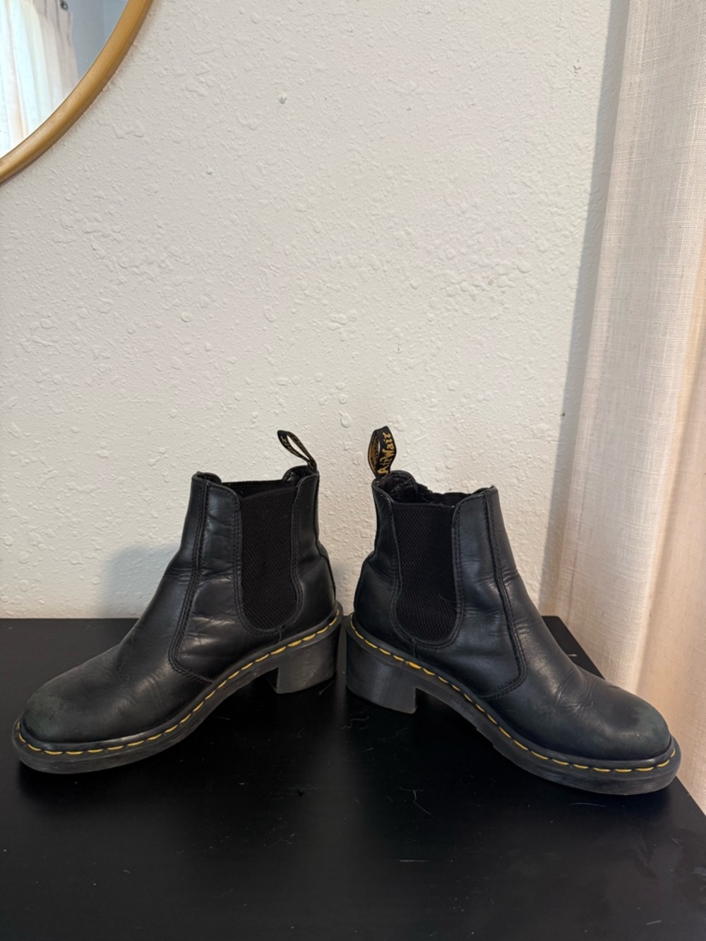 Doc Marten Heeled Black Chelsea Ankle Boots with Yellow Stitching
